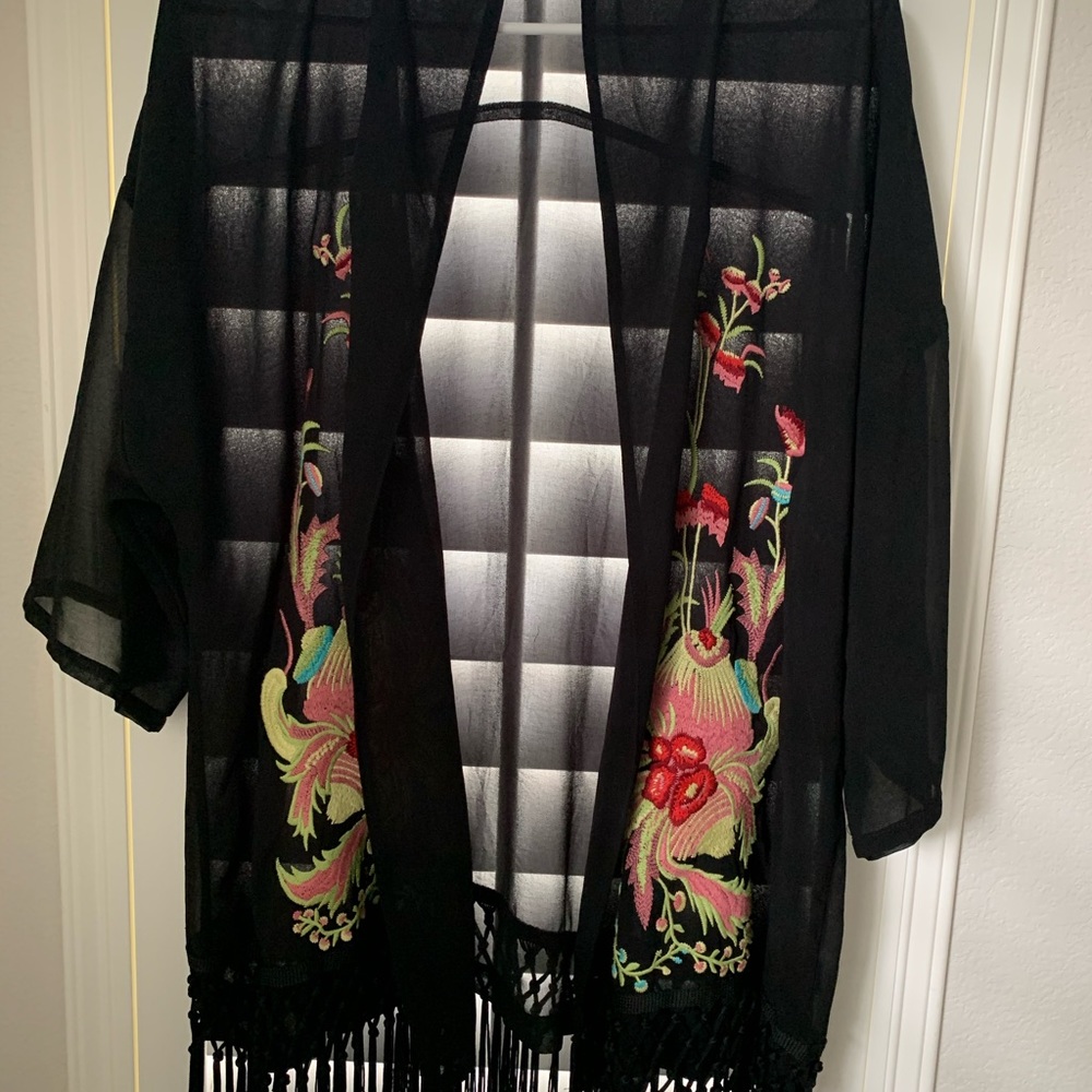 Translucent Black Kimono with floral embroidery